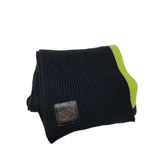 Chanel Chunky Sport Scarf Wool Silk Cashmere Black + Fluorescent Green - Picture 1 of 7